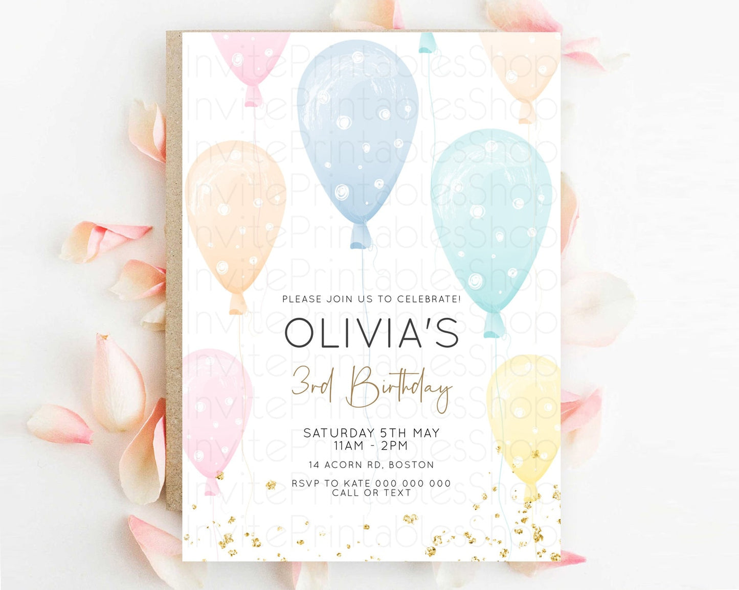 Pastel Balloon Birthday Invitation Rainbow Colorful Glitter Sprinkles Confetti Watercolor Balloons Pink Blue Green Yellow Editable D10776