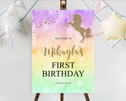 Unicorn Rainbow Birthday Welcome Board Pastel Unicorn Welcome Sign Magical Ombre Colorful Watercolor First Birthday Welcome Sign D10513