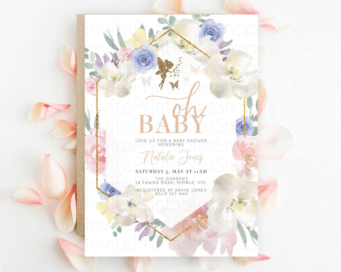 Fairy Baby Shower Invitation Pastel Fairy Invites Fairy Tea Party Fairy Garden Theme Secret Garden Enchanted Garden Floral Butterfly D10829