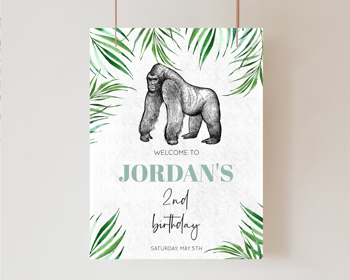 Gorilla Welcome Sign Tropical Jungle 1st Birthday Board White Birthday Board Palm Leaf Gorilla Welcome Board Safari Welcome Birthday p284