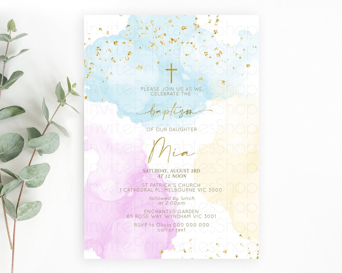 Pastel Baptism Invitation Pastel Colors Watercolor Baptism 1st Birthday Party Gold Ombre Pastel Rainbow Christening Holy Communion D10204