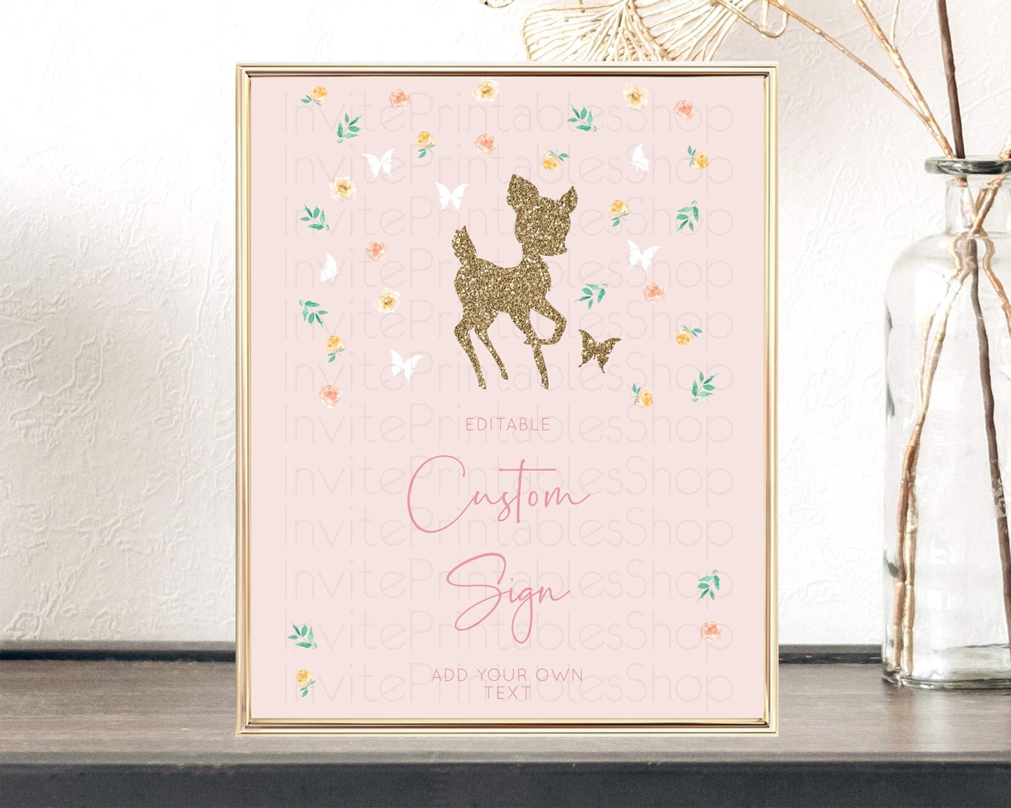 Fawn Deer Sign Pastel Floral Deer Table Sign Decor Enchanted Forest Butterfly Party 1st Birthday Baptism Baby Shower Bridal Shower D10386