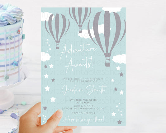 Hot Air Balloon Birthday Invitation Hot Air Balloon Invites Adventure Awaits Up Up & Away Glitter Blue Watercolor 1st Birthday Boy D10324