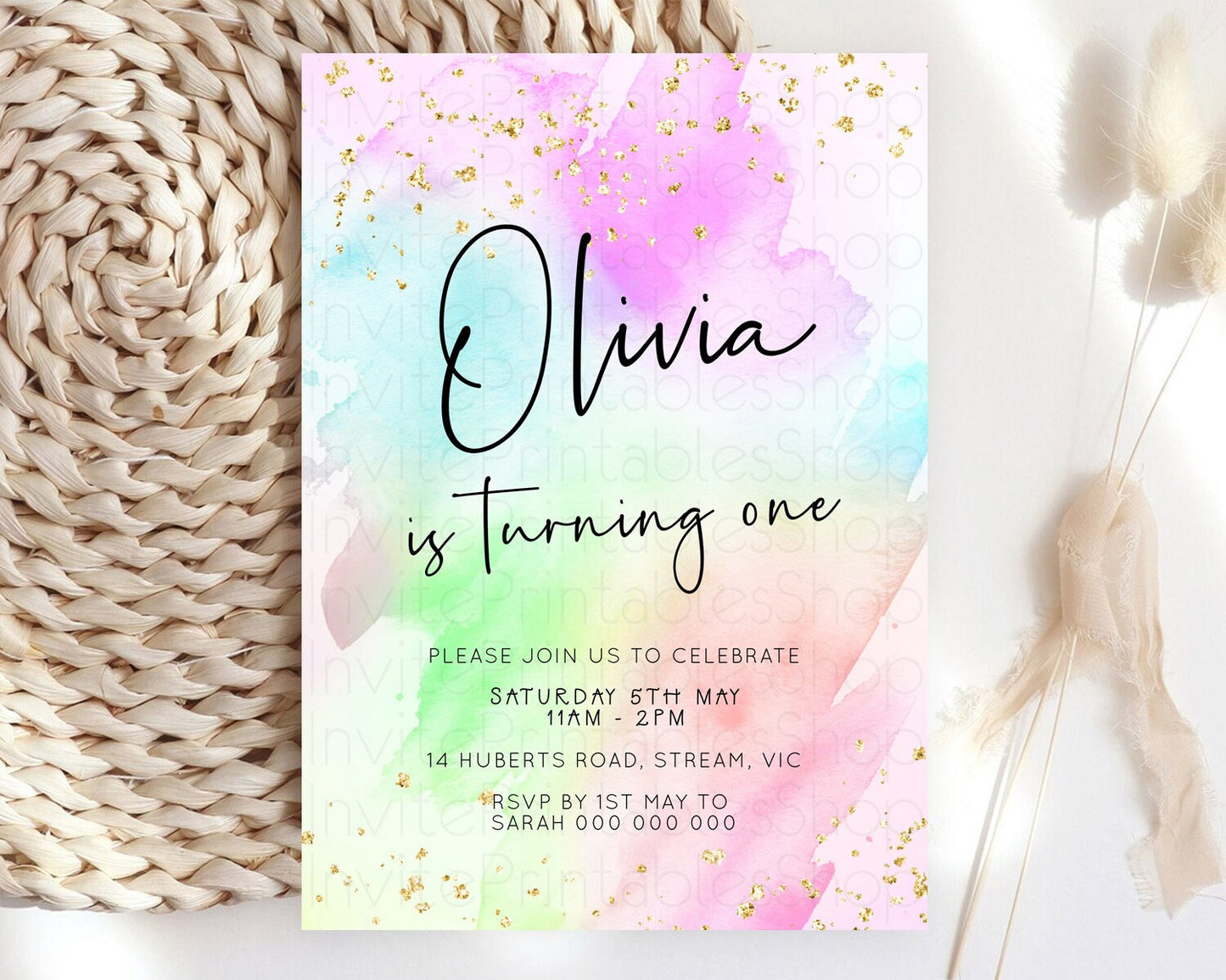 Pastel Birthday Invitation Ombre Watercolor Birthday Invitation Glitter Rainbow Color Splash 1st 2nd 3rd Birthday Invitation D23072