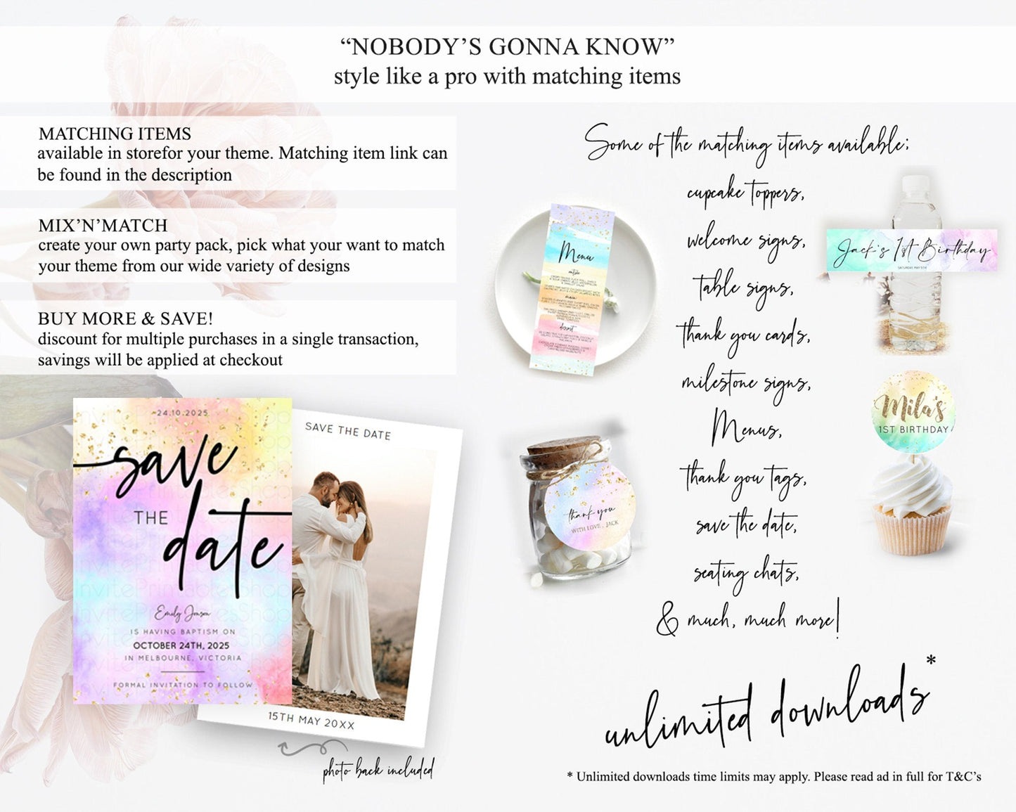Pastel Save The Date Template Pastel Ombre Rainbow Watercolor Colorful Party For Birthday Baptism Baby Shower Wedding Bridal Shower D10437