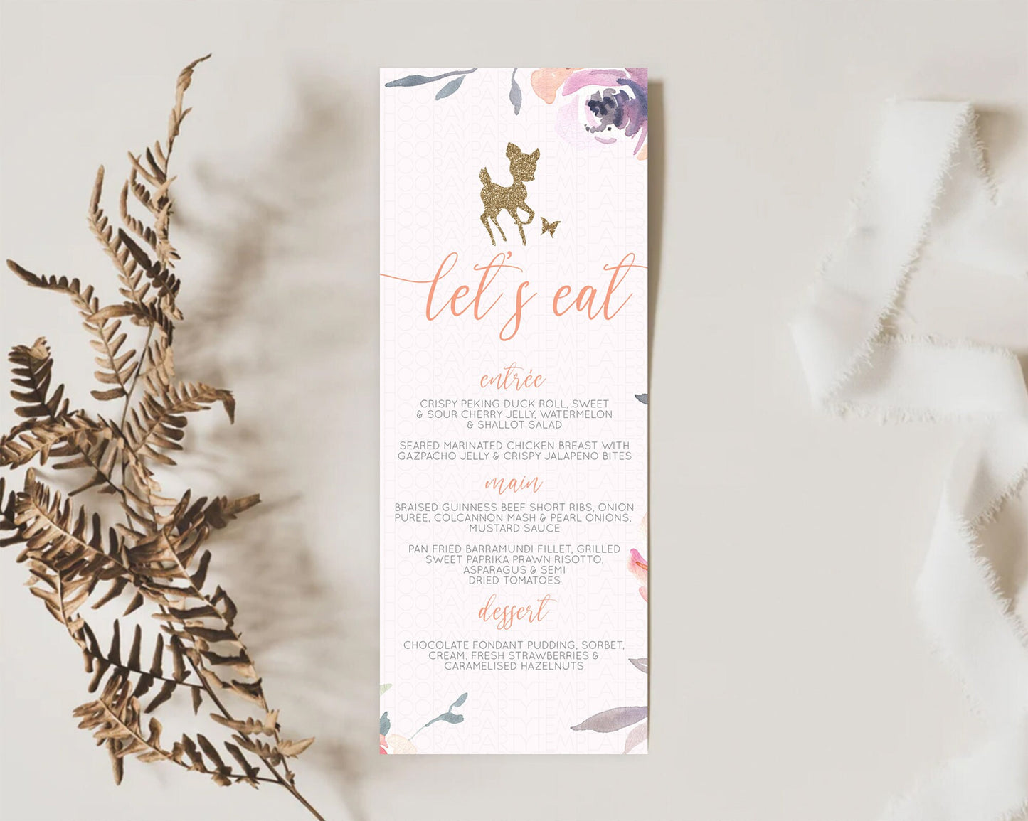 Fawn Menu Deer Menu Template Pastel Floral Deer Table Decor Enchanted Forest Butterfly Floral Dinner Dessert Menu Party Food Menu D10196