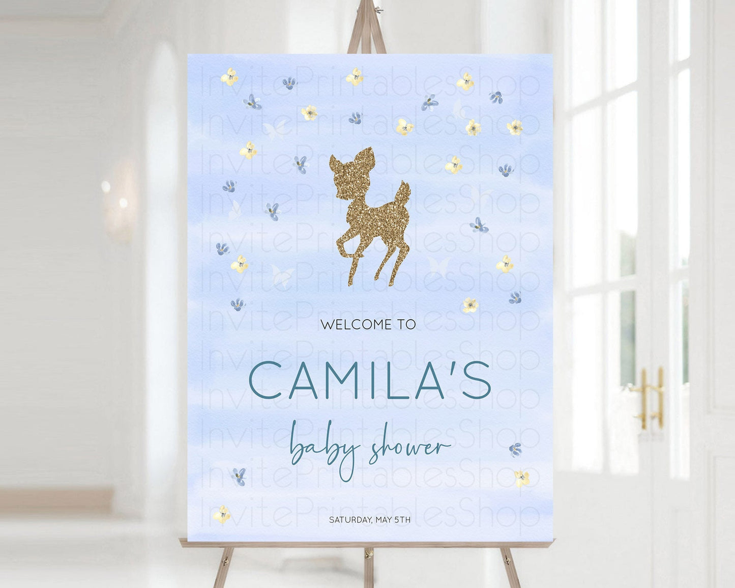 Fawn Baby Shower Welcome Sign Deer Welcome Board Floral Deer Welcome Poster Enchanted Forest Butterfly Pastel Floral Welcome Sign D10863