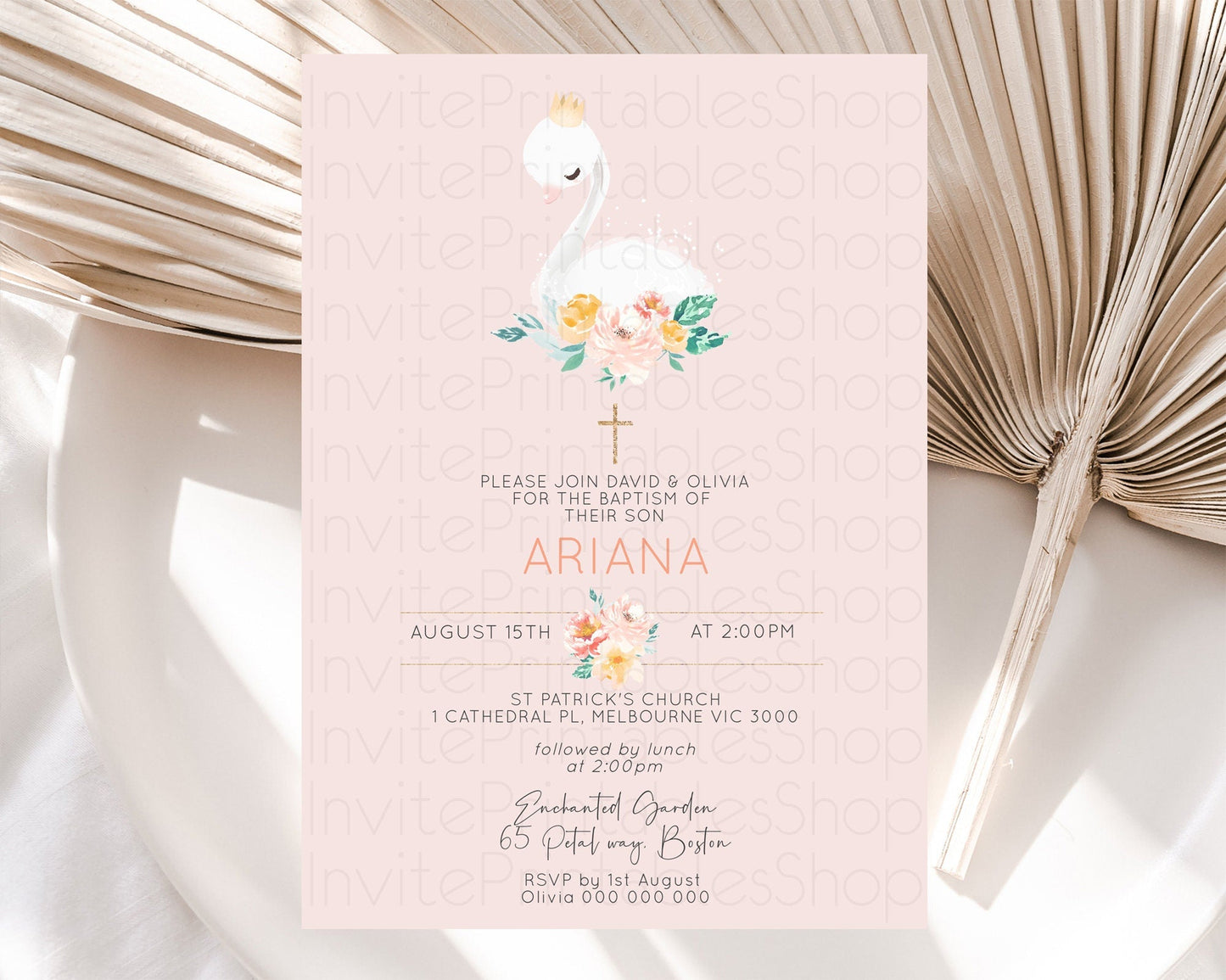 Swan Lake Baptism Invitation Swan Princess Ballet Baptism 1st Birthday Enchanted Forest Secret Garden Watercolour Pastel Floral D10388