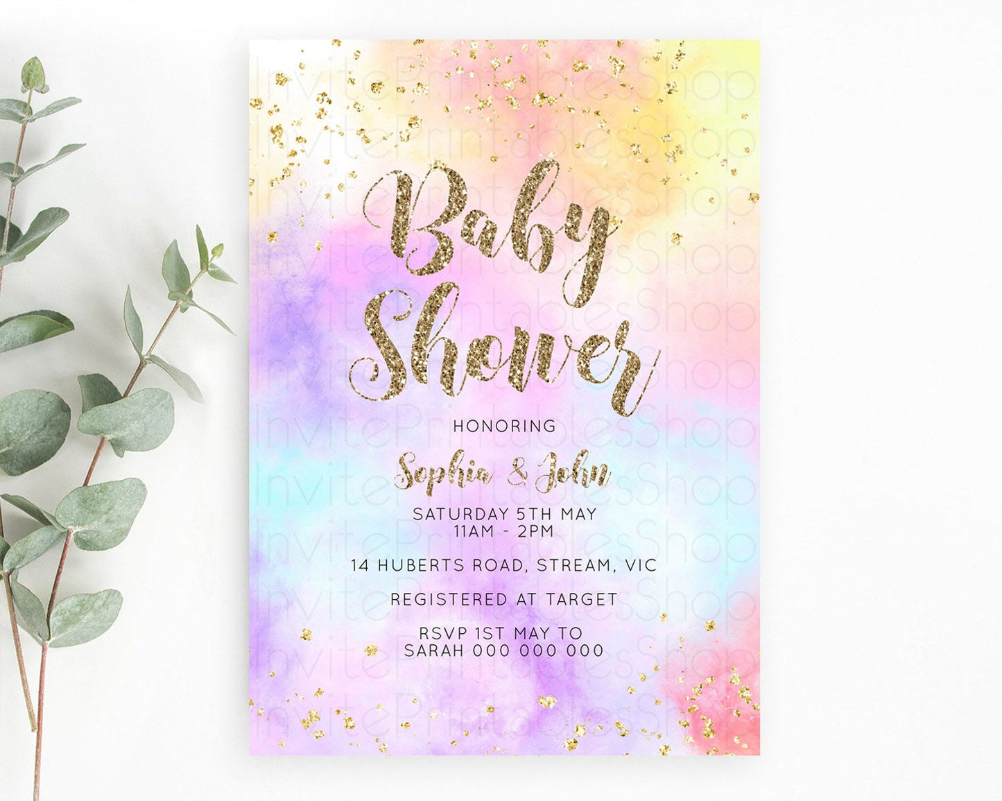 Pastel Rainbow Baby Shower Invitation, Watercolor Splash, Confetti Sprinkles, Colorful Ombre - Blue, Yellow, Purple, Orange, Glitter D10435
