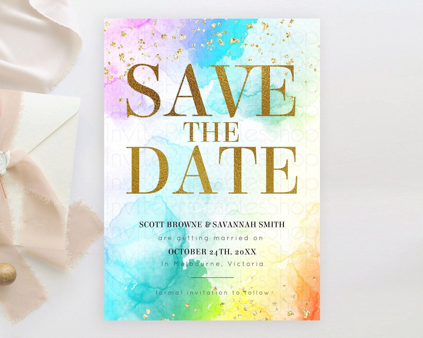 Pastel Save The Date Template Pastel Ombre Rainbow Watercolor Colorful Party For Birthday Baptism Baby Shower Wedding Bridal Shower D10961