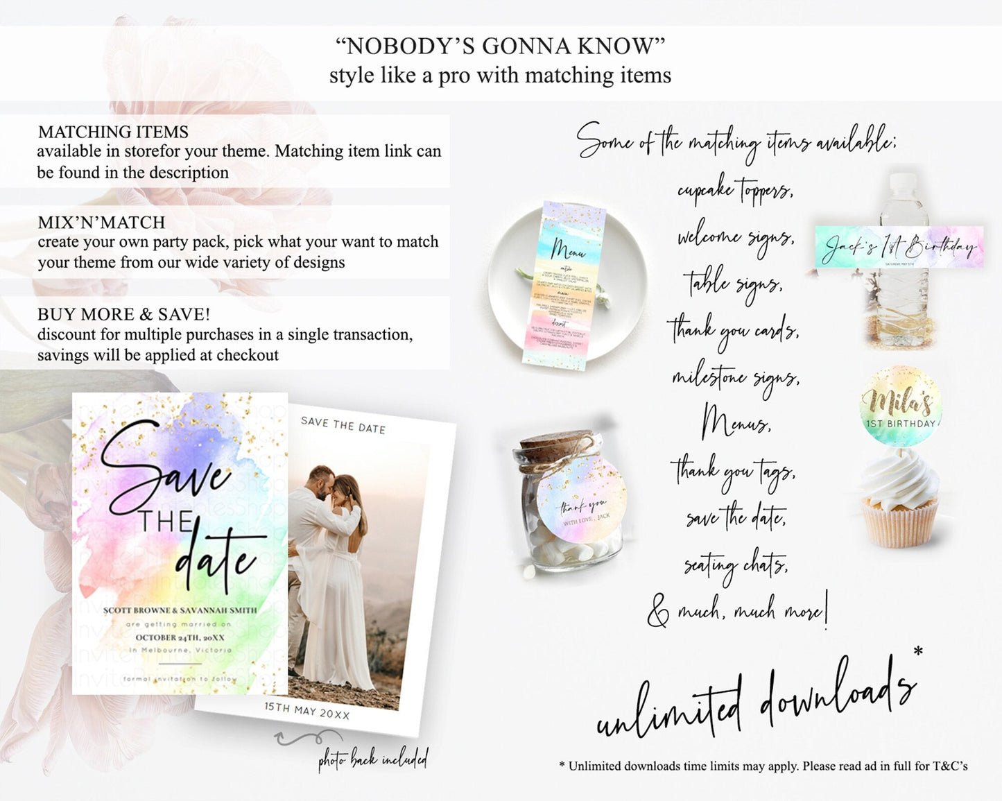 Pastel Save The Date Template Pastel Ombre Rainbow Watercolor Colorful Party For Birthday Baptism Baby Shower Wedding Bridal Shower D10316