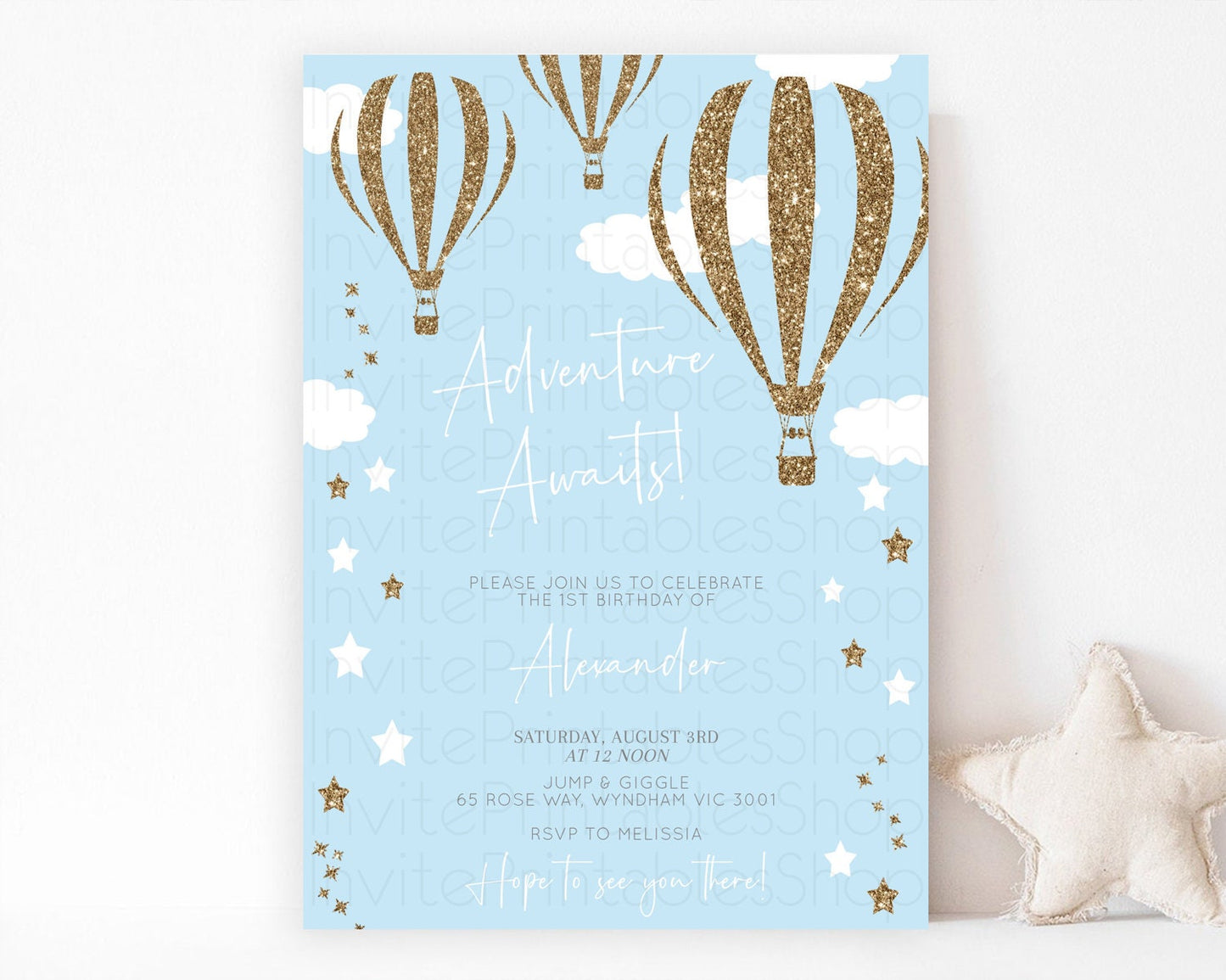 Hot Air Balloon Birthday Invitation Hot Air Balloon Invites Adventure Awaits Up Up & Away Glitter Blue Watercolor 1st Birthday Boy D10332