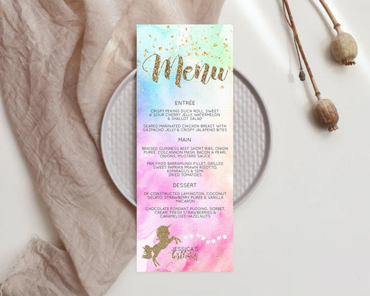 Editable Unicorn Rainbow Menu Template Pastel Unicorn Menu Magical Ombre Uni