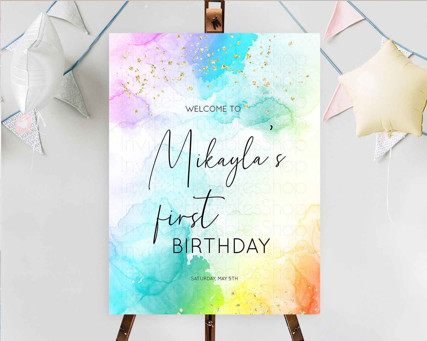 Pastel Welcome Sign Pastel Rainbow Welcome Sign Colorful Rainbow Confetti Watercolor Glitter Pastel First Birthday Welcome Sign D10771