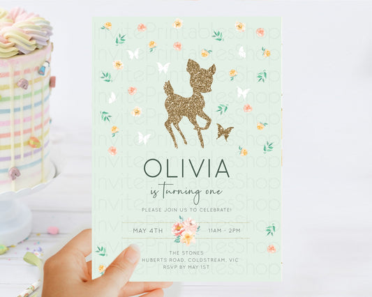 Fawn Birthday Invitation Deer Birthday Invitation Enchanted Forest Party Butterfly Pastel Flowers Whimsical 2nd 1st First Birthday D10385