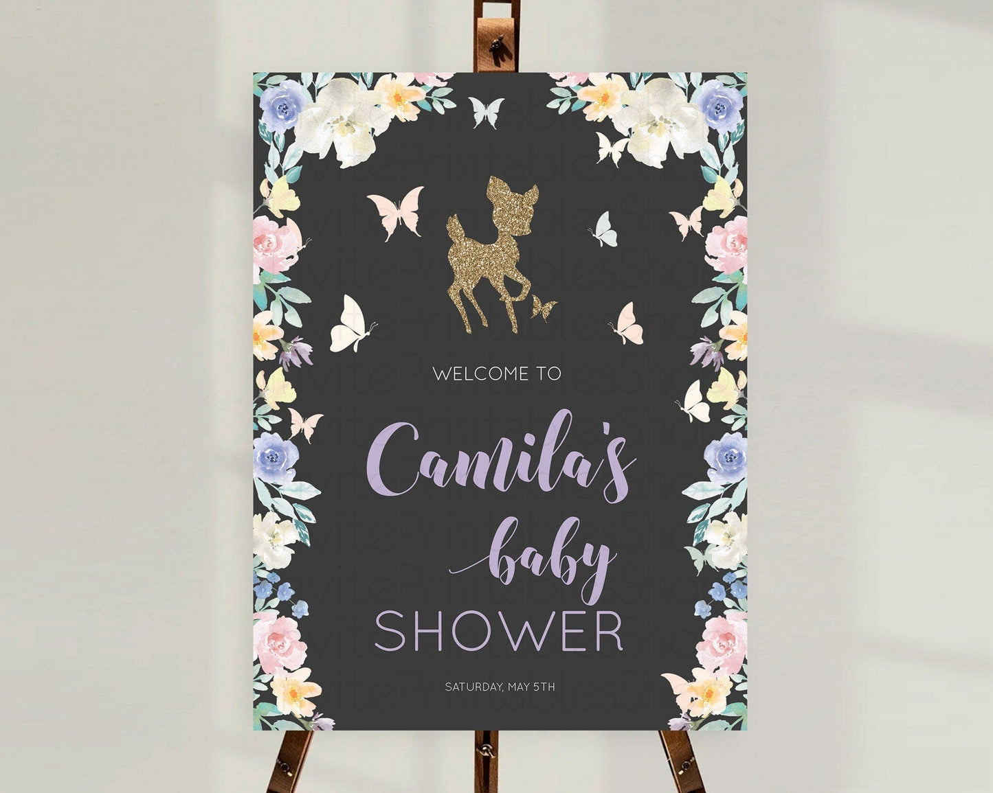 Fawn Baby Shower Welcome Sign Deer Welcome Board Floral Deer Welcome Poster Enchanted Forest Butterfly Pastel Floral Welcome Sign D10880
