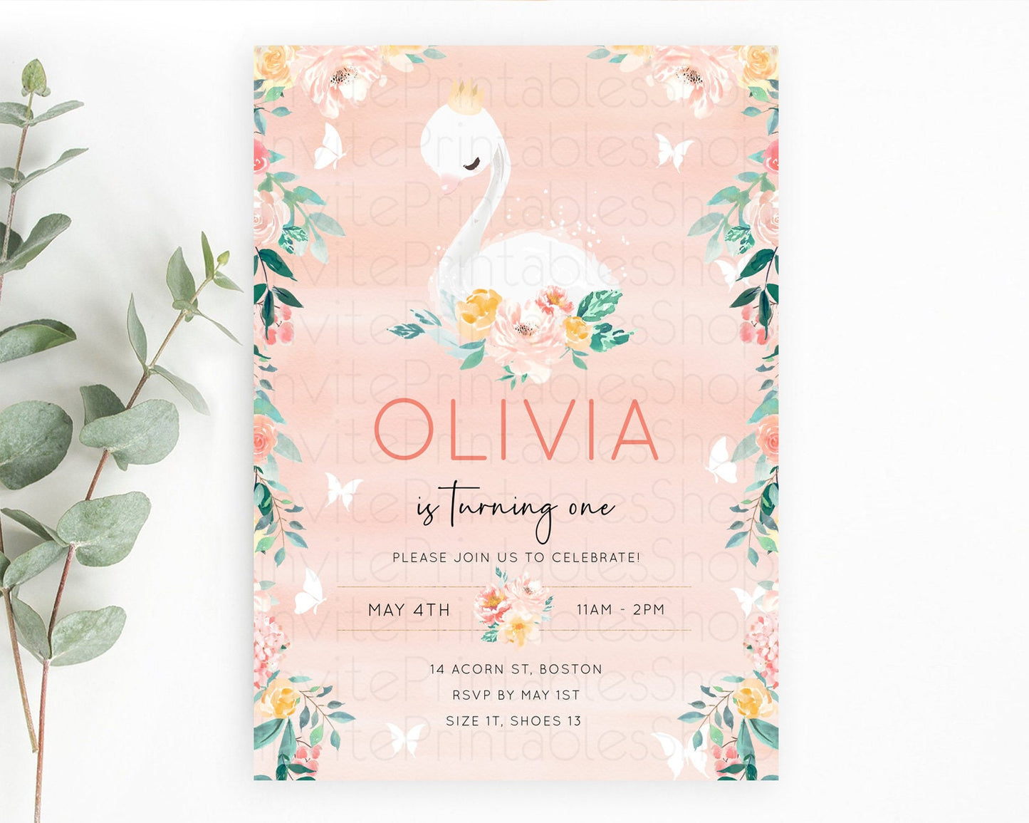 Swan Birthday Invitation Swan Princess Ballet Invitation Enchanted Forest Swan Lake Party Secret Garden Watercolour Pastel Floral D10884