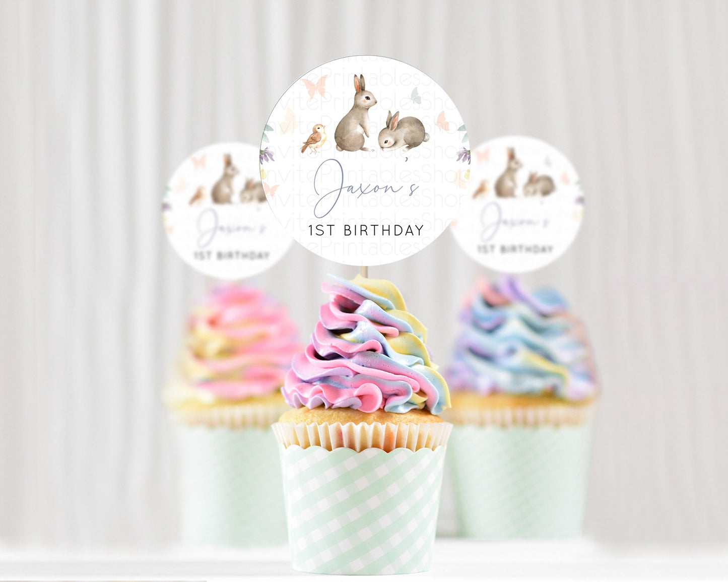 Bunny Cupcake Toppers Floral Bunny Cupcake Toppers Pastel Bunny Cupcake Pastel Watercolor Woodland Flowers Bunny First Birthday D10928