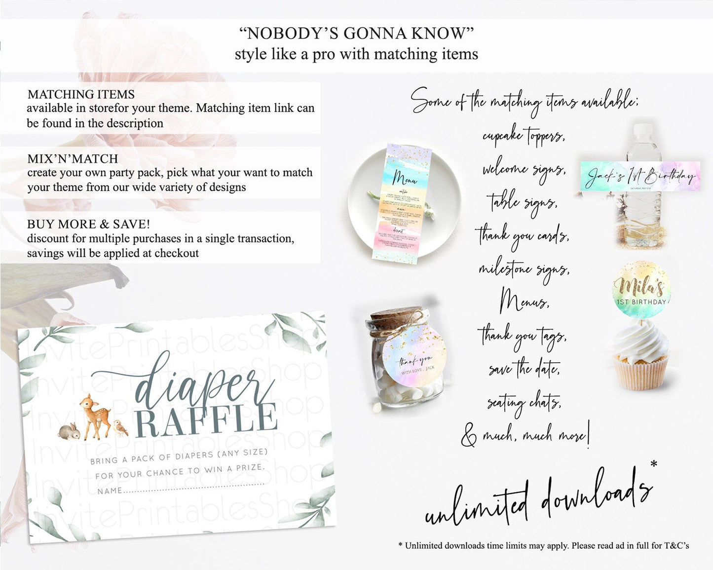 Fawn Diaper Raffle Card Deer Diaper Insert Floral Deer Diaper Ticket Enchanted Forest Butterfly Pastel Baby Shower Raffle Game D10872