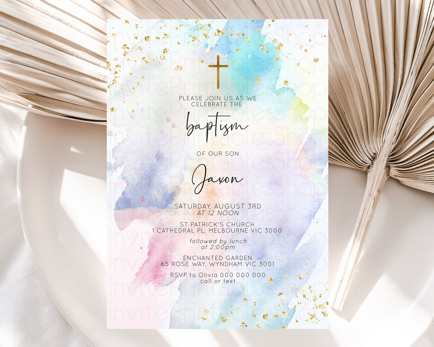 Pastel Baptism Invitation Pastel Colors Watercolor Baptism 1st Birthday Party Gold Ombre Pastel Rainbow Christening Holy Communion D10422