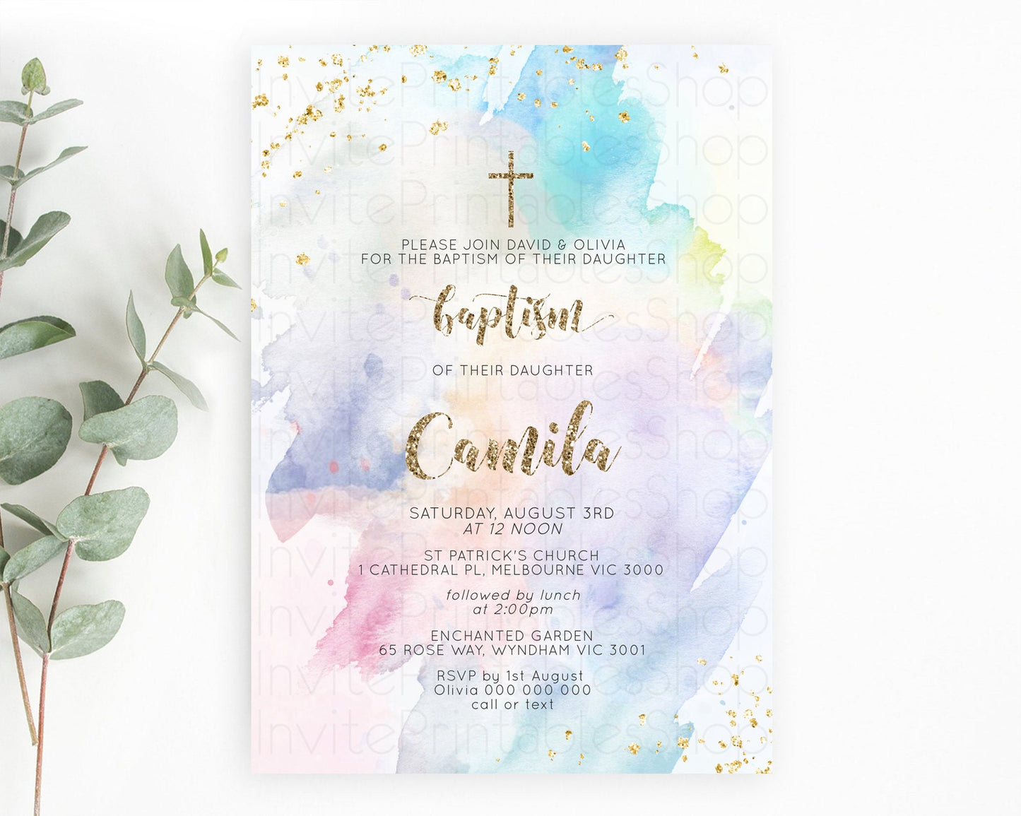 Pastel Baptism Invitation Pastel Colors Watercolor Baptism 1st Birthday Party Gold Ombre Pastel Rainbow Christening Holy Communion D10421