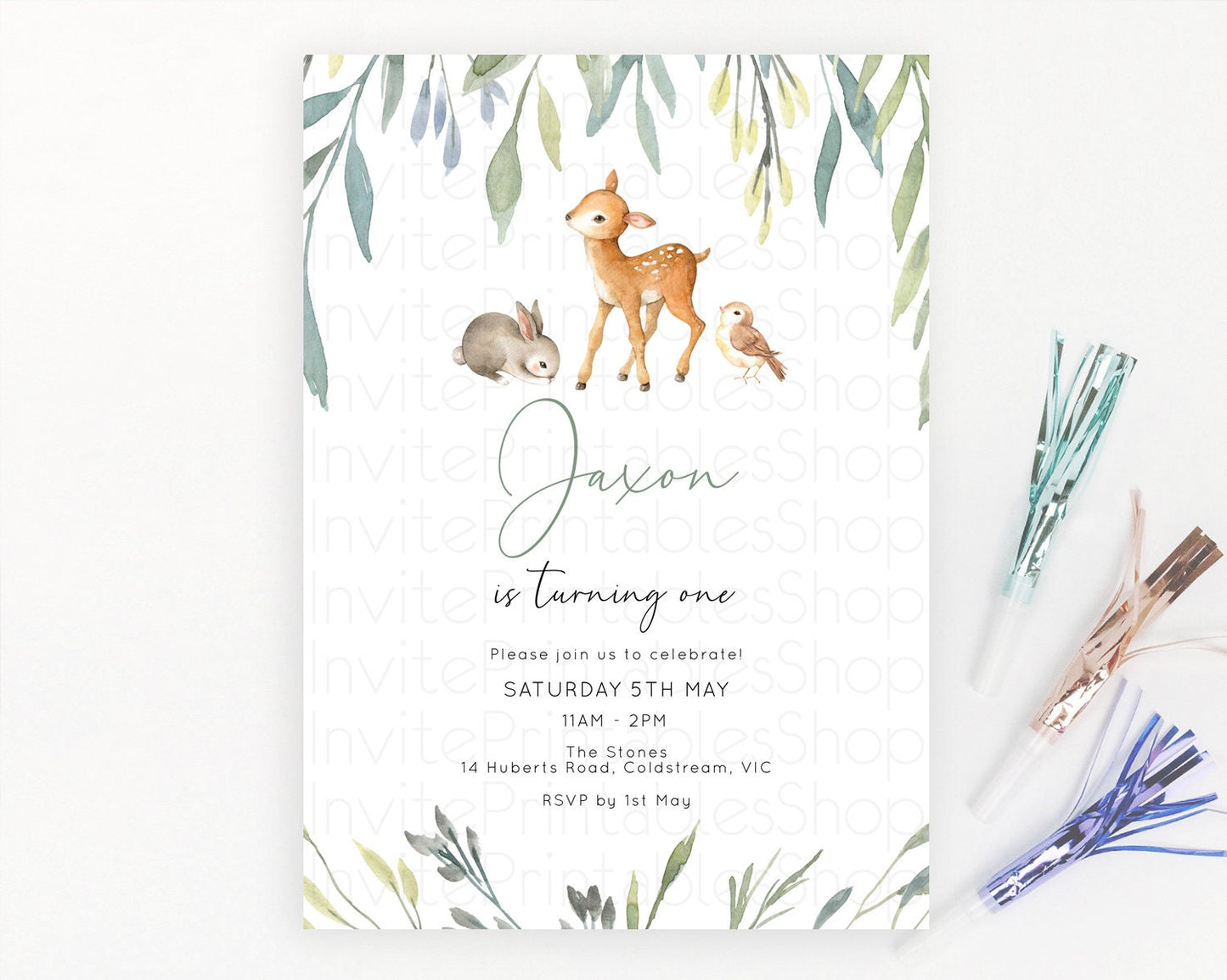 Fawn Birthday Invitation Deer Birthday Invitation Enchanted Forest Party Butterfly Pastel Flowers Whimsical 2nd 1st First Birthday D10919