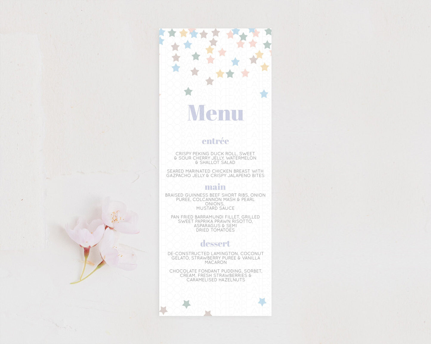 Star Menu Template Pastel Stars Menu Shooting Star Twinkle Little Star Decor Rainbow Colorful Confetti Dinner Dessert Food Menu D10795