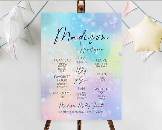 Rainbow First Birthday Milestone Poster Colorful Pastel Watercolor Iridescent Sprinkles Ombre Pastel Milestone Board First Birthday D10665