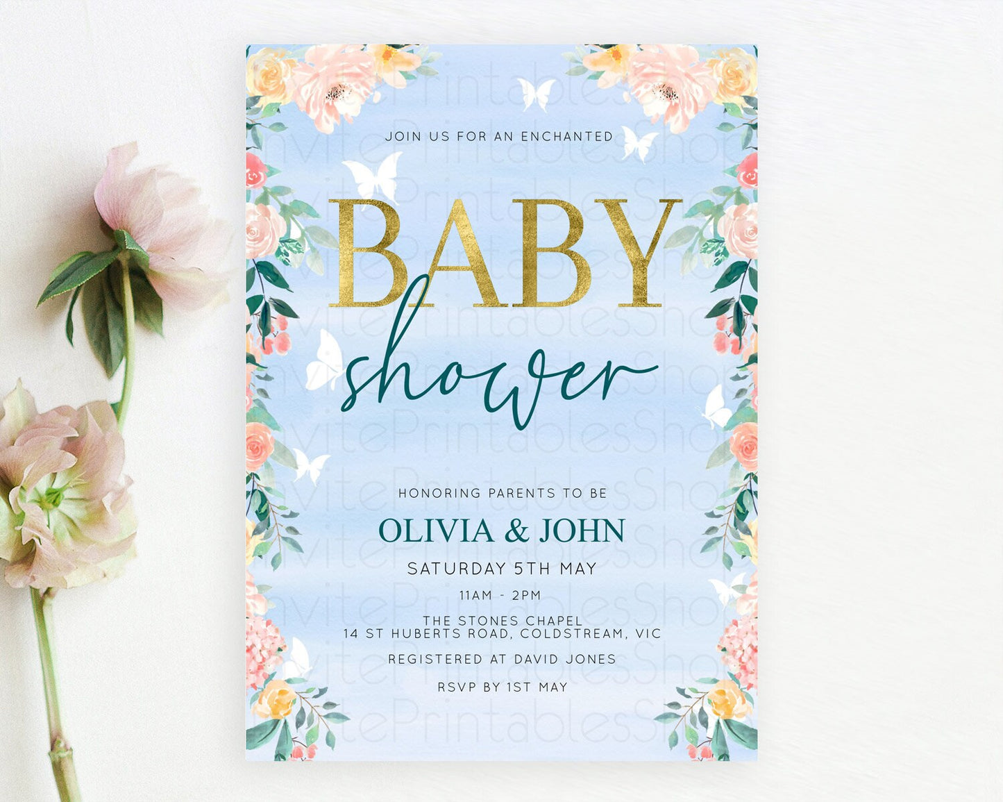 Wildflower Baby Shower Invitation Secret Garden Baby Shower Invitation Pastel Flowers Invite Enchanted Garden Shower Floral Theme D10337