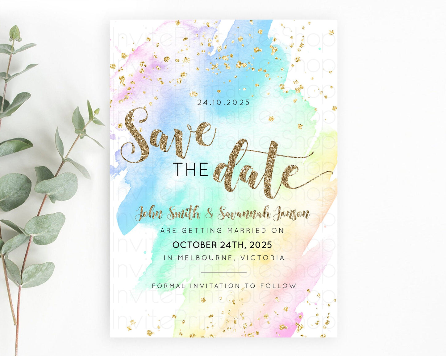 Pastel Save The Date Template Pastel Ombre Rainbow Watercolor Colorful Party For Birthday Baptism Baby Shower Wedding Bridal Shower D10637