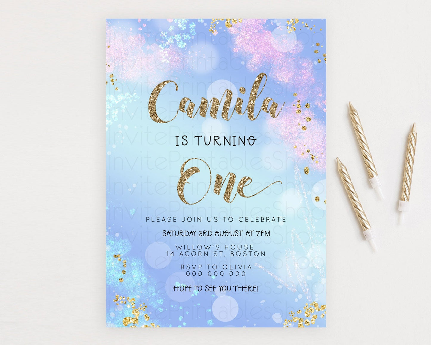 Rainbow Birthday Invitation Colorful Pastel Watercolor Invitation Gold Glitter Sprinkles Ombre Pastel 1st 2nd 3rd Birthday D23124