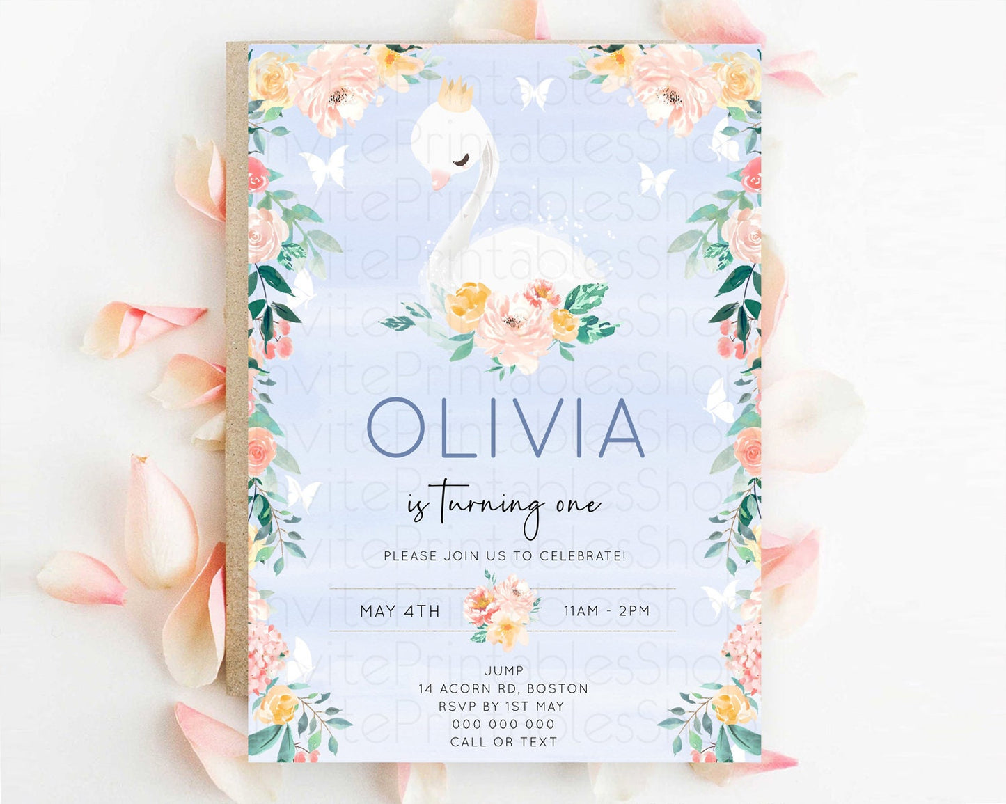 Swan Birthday Invitation Swan Princess Ballet Invitation Enchanted Forest Swan Lake Party Secret Garden Watercolour Pastel Floral D10885