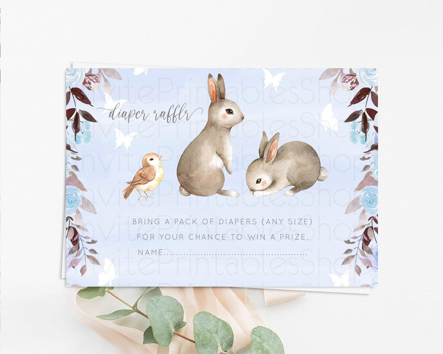 Bunny Diaper Raffle Card Floral Bunny Diaper Raffle Insert Pastel Flowers Woodland Bunny Diaper Ticket Forest Bunny Raffle Game D10923