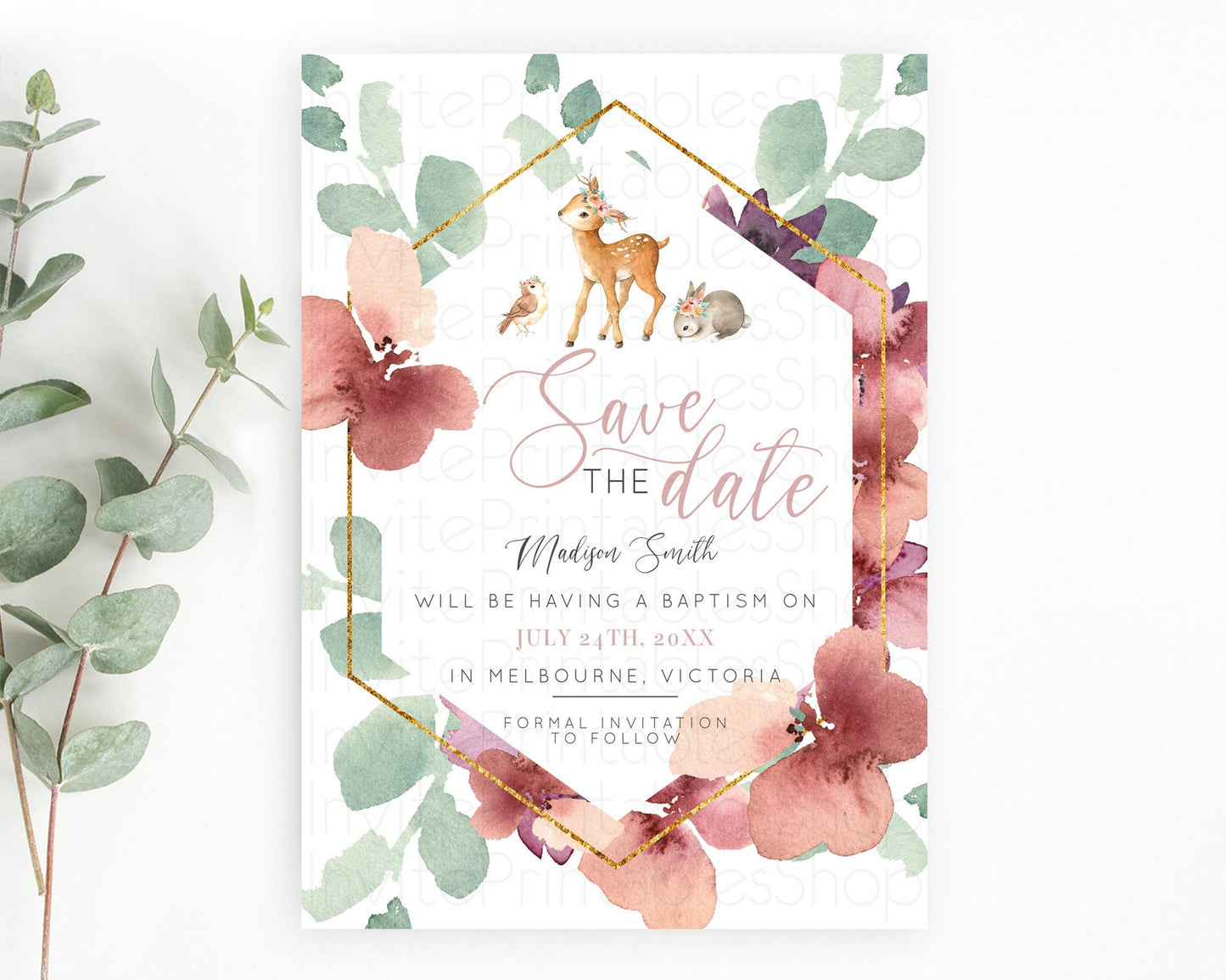 Fawn Deer Save The Date Template Pastel Floral Deer Enchanted Forest Butterfly Party 1st Birthday Baptism Baby Shower Bridal Shower D10913