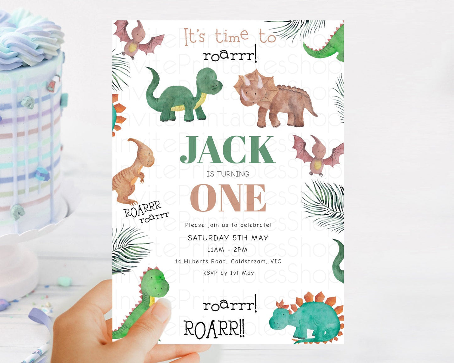 Dinosaur Birthday Invitation Dinosaur Volcano Invitation Watercolor Dinosaur Volcano T-Rex Raptor Jurassic 1st 2nd 3rd Birthday D10153