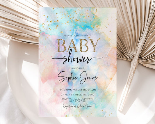 Rainbow Baby Shower Invitation Pastel Baby Sower Invitation Colorful Splash Invite Sprinkle Confetti Watercolor Ombre Baby Shower 276v3