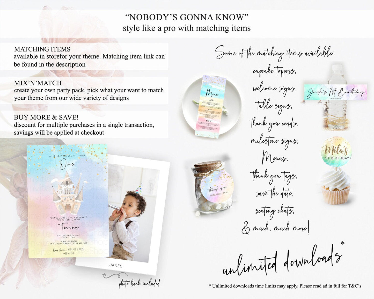 Princess Birthday Invitation Princess Invitation Pastel Invitation Royal Birthday Rainbow Color Enchanted Castle 1st First Birthday D10376