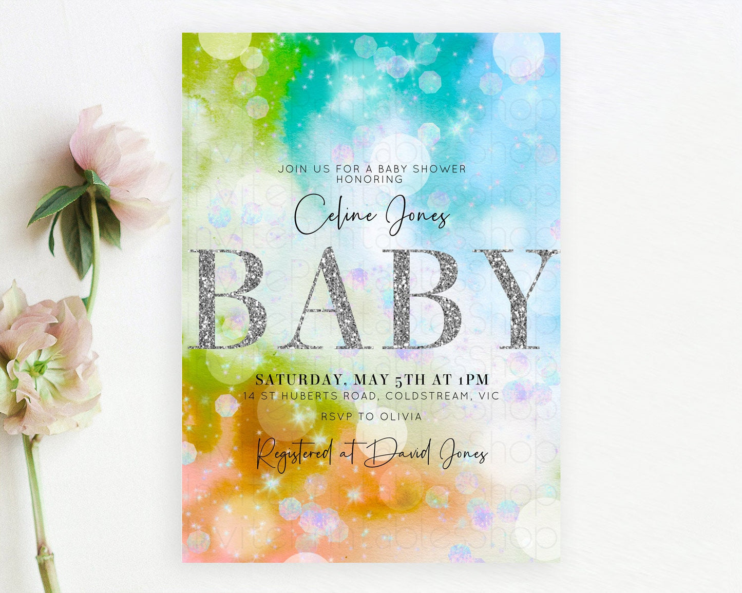 Colorful Baby Shower Invitation: Pastel Watercolor, Ombre Rainbow, Green, Orange, Blue, Silver Glitter, Iridescent Confetti Tie Dye D10692