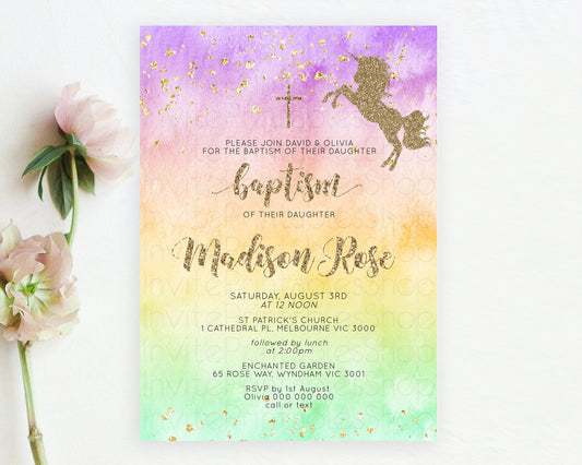 Unicorn Rainbow Baptism Invitation Pastel Baptism Birthday Invitation Magical Ombre Christening Invite Colorful Watercolor Glitter D10513