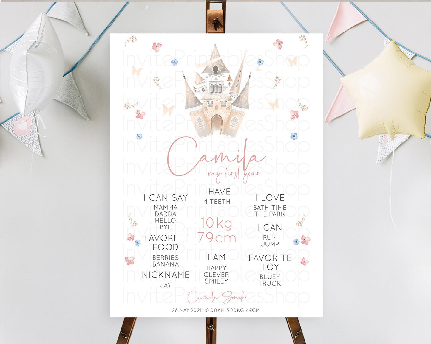 Princess First Birthday Milestone Poster Castle Milestone Board Secret Garden Enchanted Castle Pastel Floral Garden First Birthday D10364