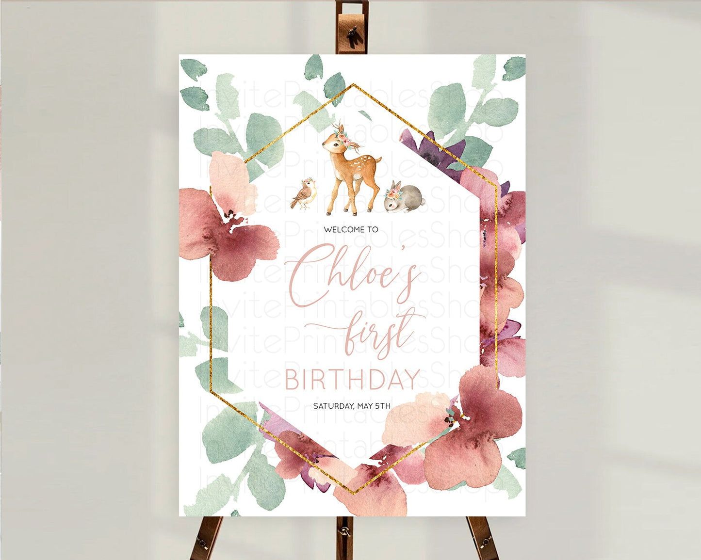 Fawn Welcome Sign Deer Welcome Board Floral Deer Welcome Poster Enchanted Forest Butterfly Pastel Floral First Birthday Welcome Sign D10913