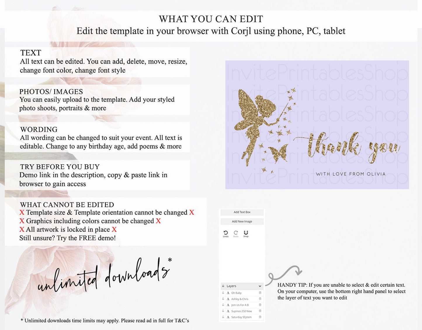 Fairy Thank You Fairy Thank You Card Enchanted Garden Pastel Butterfly Birthday Thank You Floral Secret Garden Teacher Thank You D10389