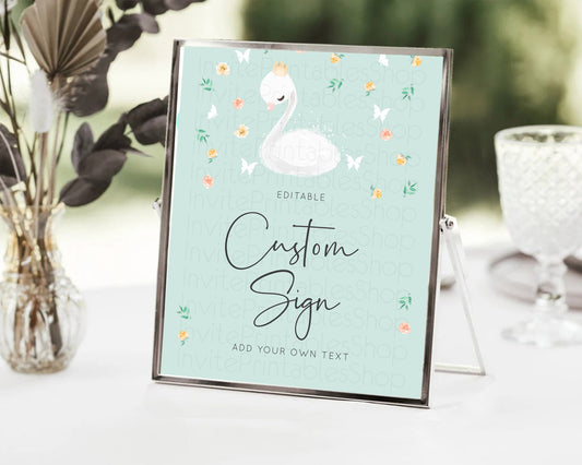 Editable Swan Table Sign Decor Swan Princess Ballet Party Enchanted Swan Lak