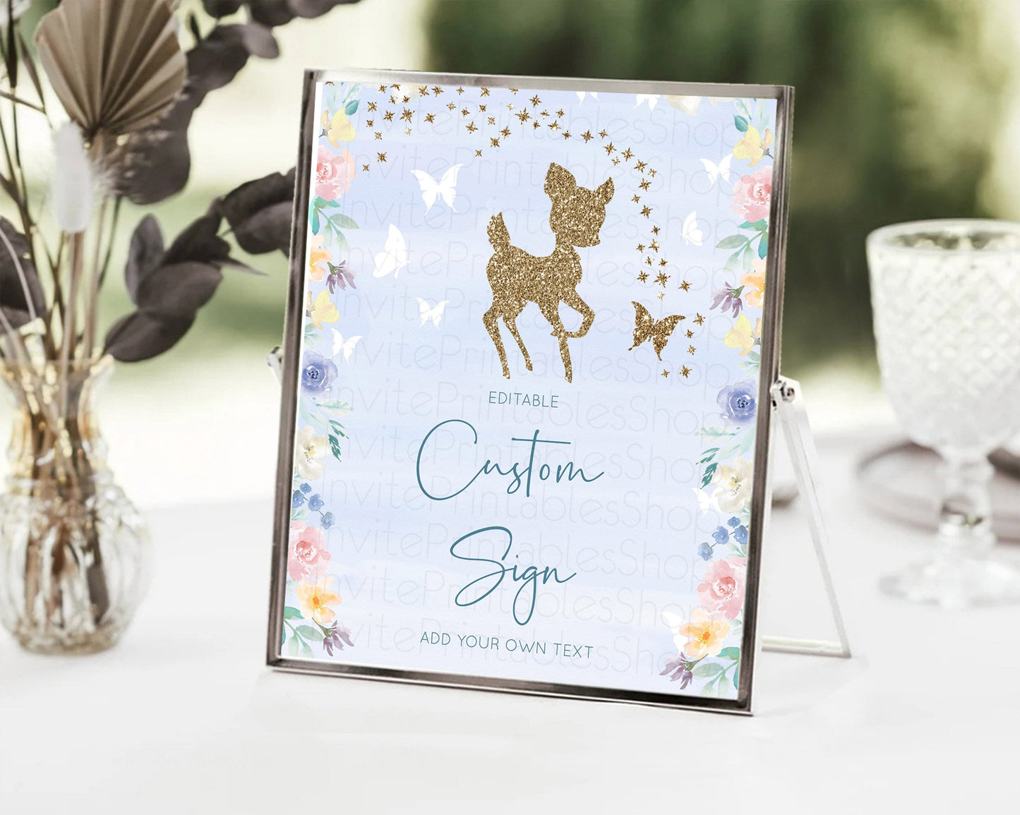 Fawn Deer Sign Pastel Floral Deer Table Sign Decor Enchanted Forest Butterfly Party 1st Birthday Baptism Baby Shower Bridal Shower D10879