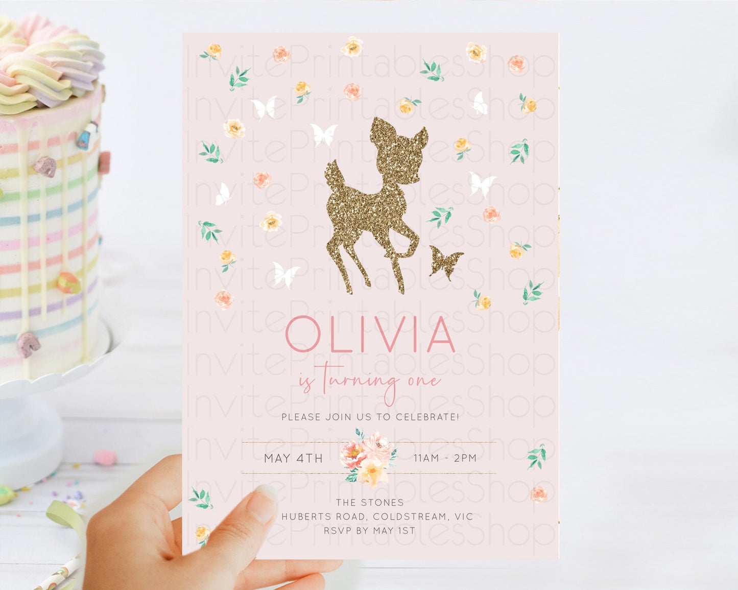 Fawn Birthday Invitation Deer Birthday Invitation Enchanted Forest Party Butterfly Pastel Flowers Whimsical 2nd 1st First Birthday D10386