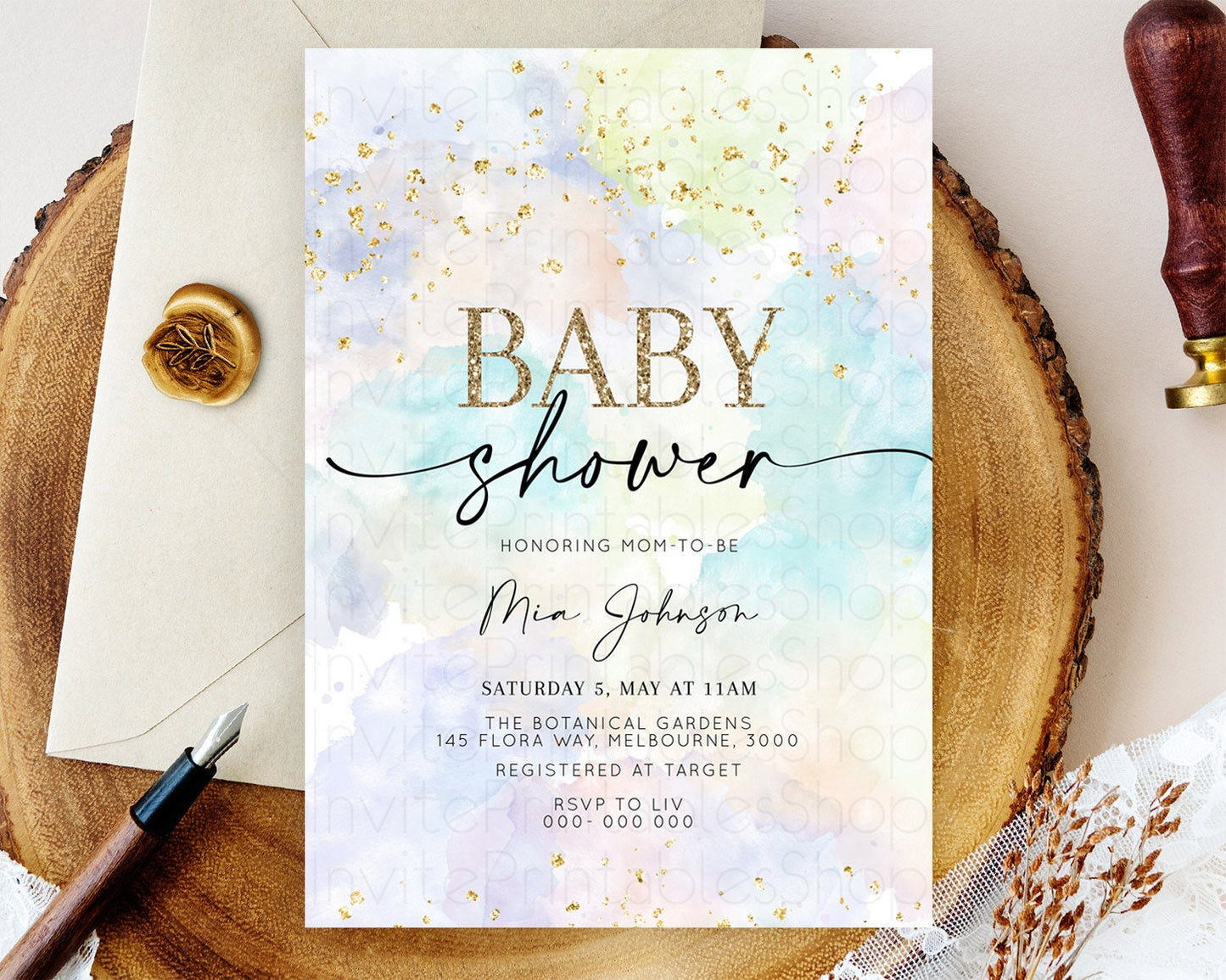 Pastel Baby Shower Invitation Rainbow Baby Shower Invitation Colorful Pastel Watercolor Invitation Gold Glitter Sprinkles Ombre D10613