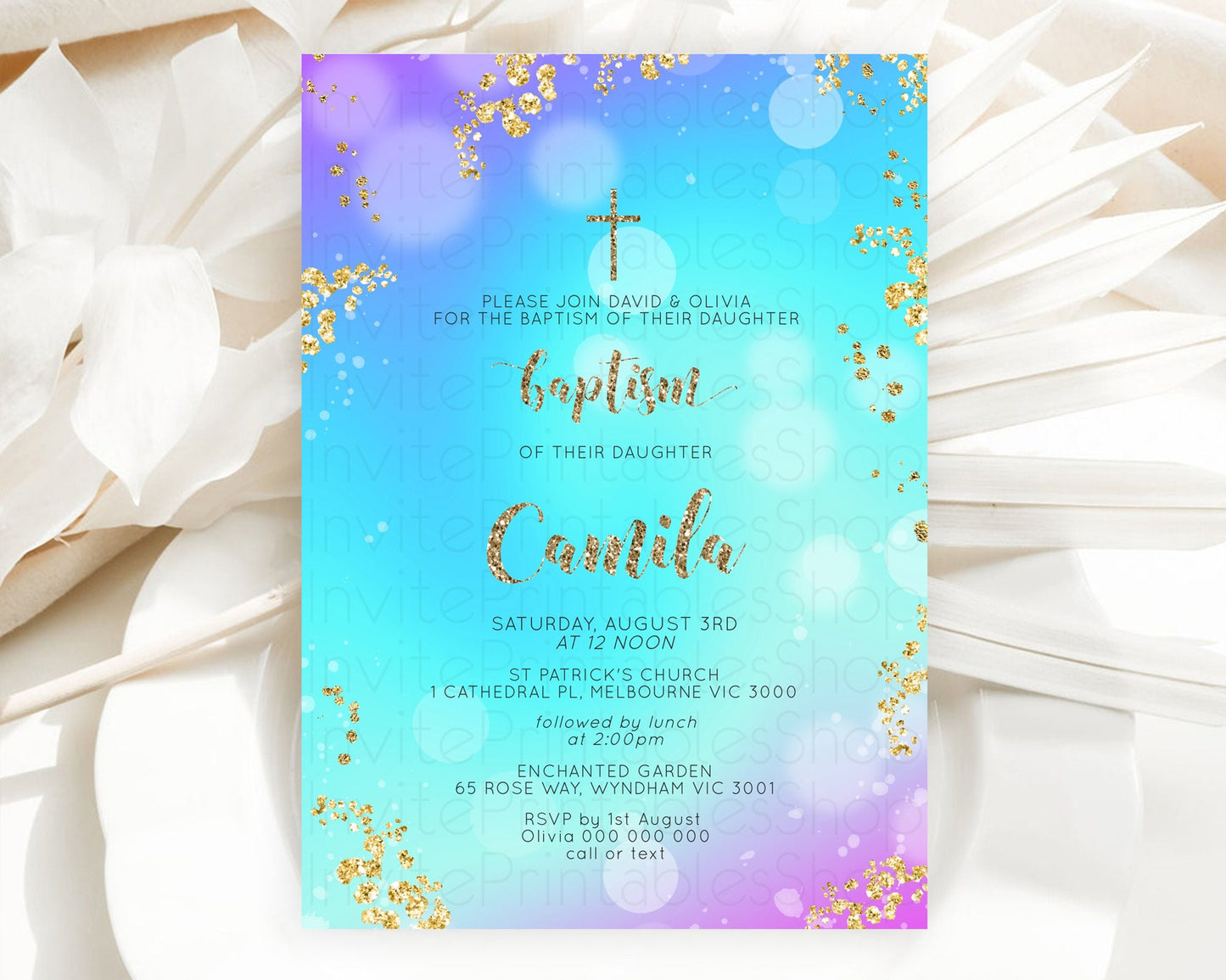 Pastel Baptism Invitation Pastel Colors Watercolor Baptism 1st Birthday Party Gold Ombre Pastel Rainbow Christening Holy Communion D10573