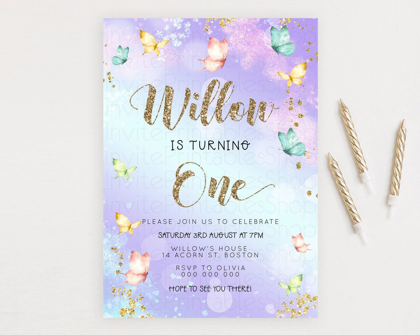 Pastel Butterfly Birthday Invitation Butterfly Birthday Invitation Colorful Splash Glitter Butterfly Garden 1st 2nd Birthday D23082