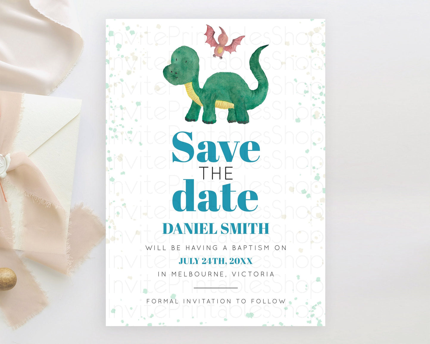 Dinosaur Save The Date Template Dinosaur Volcano Watercolor Volcano T-Rex Raptor Jurassic Party 1st Birthday Baptism Baby Shower D10153