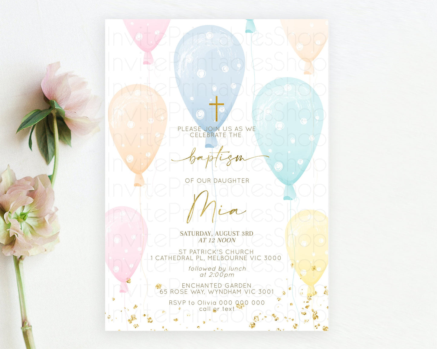 Balloon Baptism Invitation Pastel Baptism 1st Birthday Invitation Pastel Balloon Christening Invite Colorful Rainbow Balloon Invites D10182